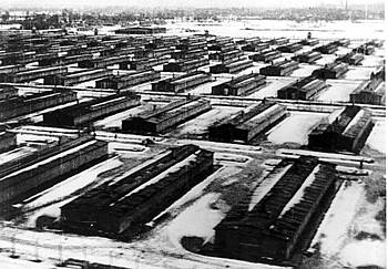 Blick über die Baracken von Auschwitz-Birkenau II, 1942-1945